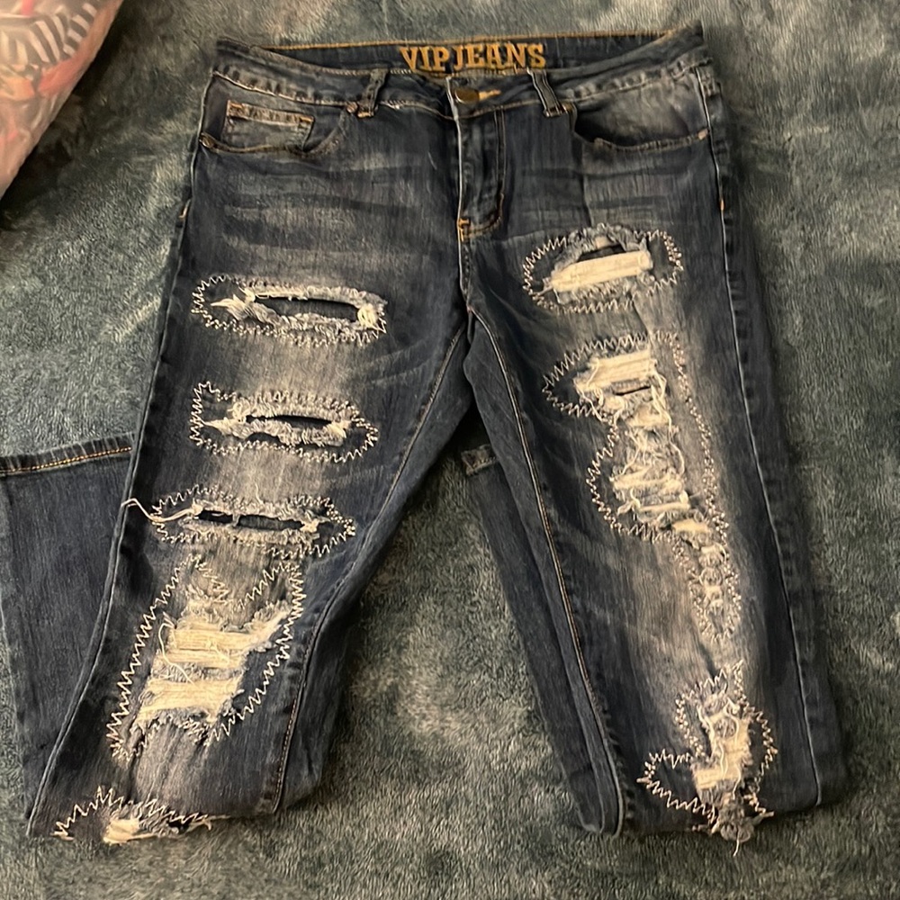 VIP Dark Wash fake ripped jeans